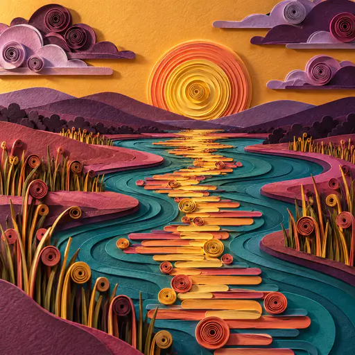 The sun, a coral and butter yellow quilled spiral, rises above rounded hills over a winding teal river with reeds and layered plum and lilac clouds in paper relief.