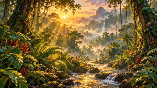 Sunrise in a dense tropical rainforest with golden sunbeams breaking through the canopy and mist over giant ferns, hanging vines and a winding stream.