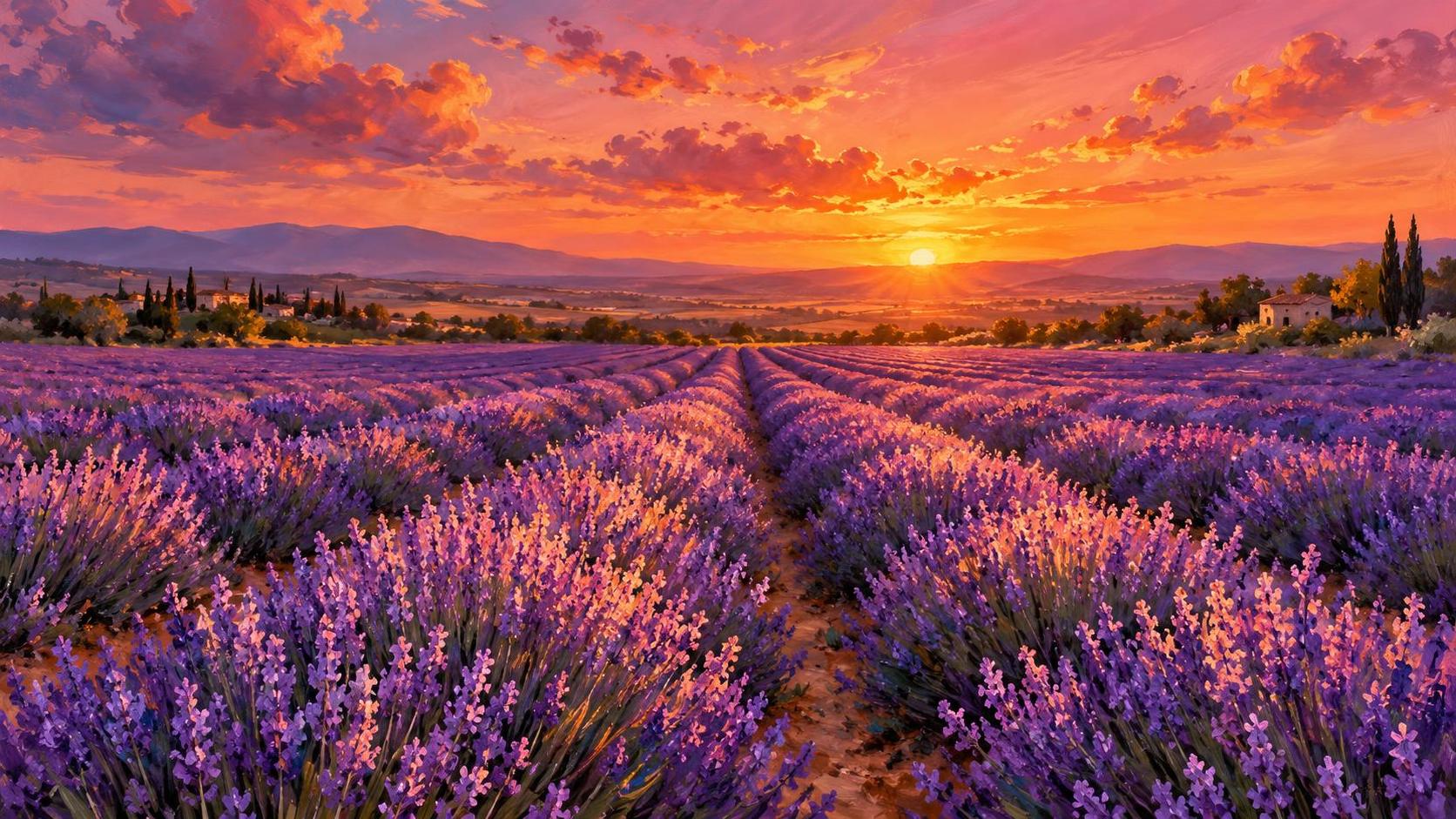 A vibrant sunset glows over rows of blooming lavender with purple flowers in the foreground and a glowing orange and pink sky with soft clouds above.