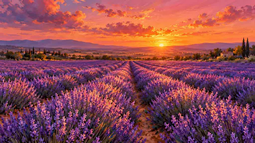 A vibrant sunset glows over rows of blooming lavender with purple flowers in the foreground and a glowing orange and pink sky with soft clouds above.