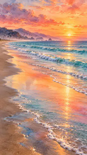 A calm beach at sunset with soft waves rolling onto smooth wet sand and a glowing orange and pink sky reflected in the shallows.