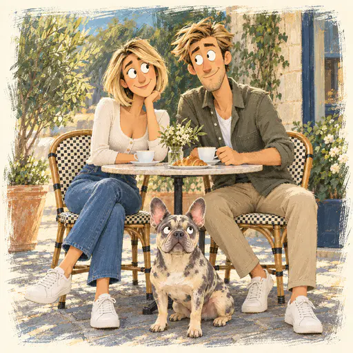 Loose sunwashed cartoon painting of a cafe couple and their mottled upright-eared bulldog.