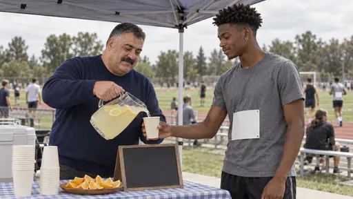 A heavyset man with a salt-and-pepper crew cut and wide moustache in a navy sweater pours lemonade from a large clear jug into a paper cup held out by a tall lean young man with a coily twist-out wearing a blank bib at a refreshment table under a gazebo in bright midday light.