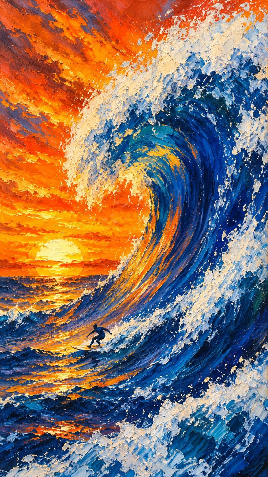 A lone surfer on a board catches a massive blue wave as the sun sets on the horizon with spray flying against a golden orange sky.