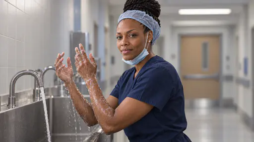 A tall woman with tight twists in a high knot and small studs, in navy scrubs with a light blue surgical cap and a mask pulled down under her chin, holds both soapy wet forearms and hands raised above a steel scrub sink with running water, looking toward the camera in a pale hospital corridor.