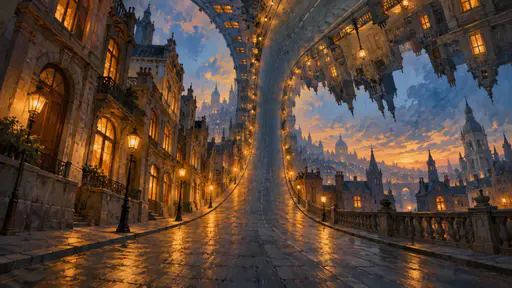 A city street at dusk has its far end bending upward and folding over the viewer like a curved wall with buildings and street lamps tilting overhead and windows glowing.