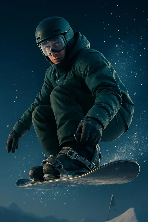 A surreal, high-energy cover image of a snowboarder caught mid-leap, blending motion and atmosphere into a moody, inventive action portrait that reads like extreme-sports poetry for a magazine cover.