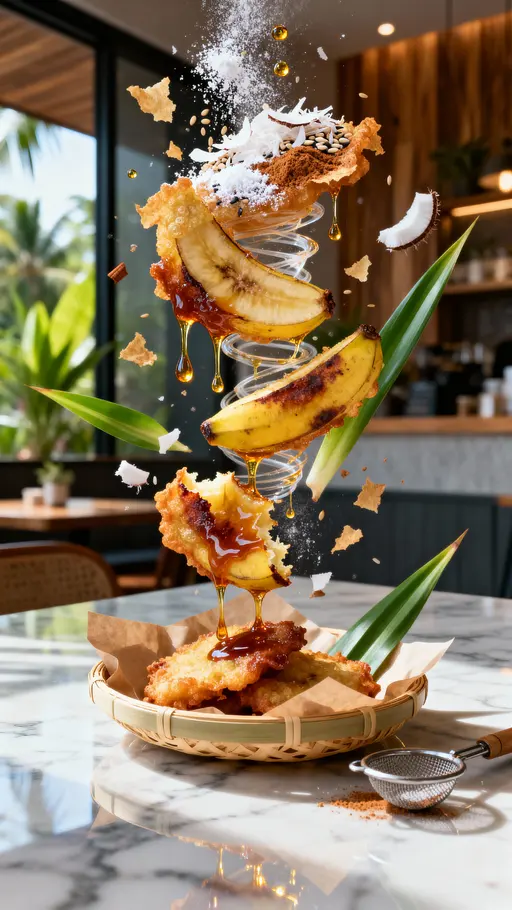 Hyper-realistic 9:16 poster of Indonesian fried banana fritters (pisang goreng) suspended mid-air above polished marble, surrounded by a miniature tornado of reinforcing elements: crispy batter flakes, tiny oil droplets with glossy glints,