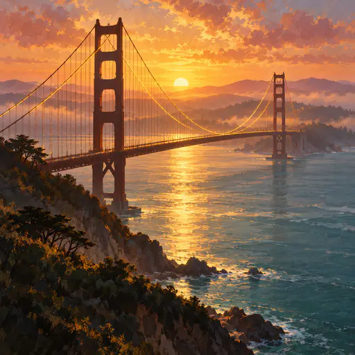 A suspension bridge with two tall towers and golden cables links two shores across a calm bay with violet hills and a low sun at golden hour.