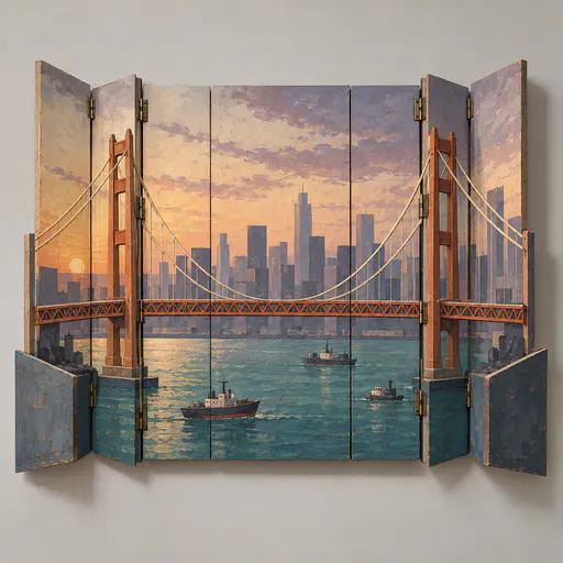 A suspension bridge with two tall towers and swooping cables crosses a harbor in front of a skyline of city blocks with small ships on painted hinged planes.