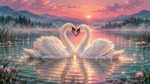 Two white swans float on a calm lake at dusk with their curved necks forming a heart shape between them and soft ripples spreading around.