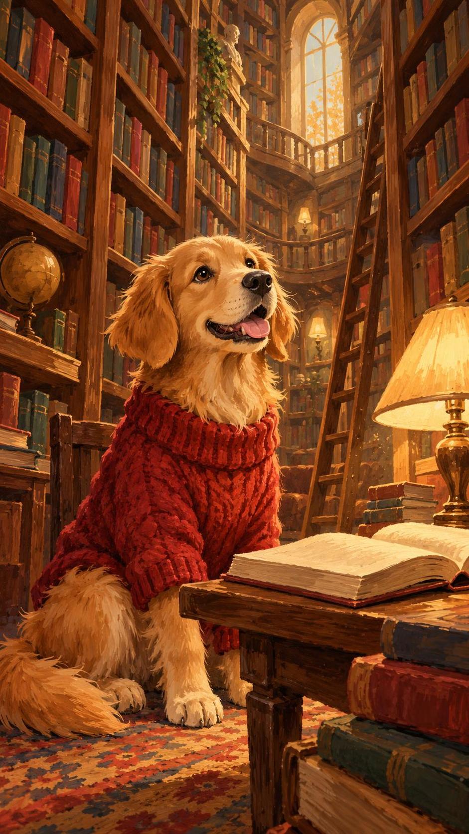 A dog wearing a knitted sweater sits among tall library shelves with an open book on a reading table and a warm lamp beside it in dusty golden light.