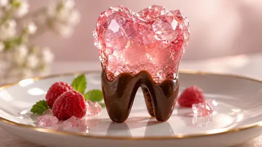 Sweet tooth: A molar-shaped confection in translucent pink sugar with a chocolate-dipped root standing on a white dessert plate with raspberries.