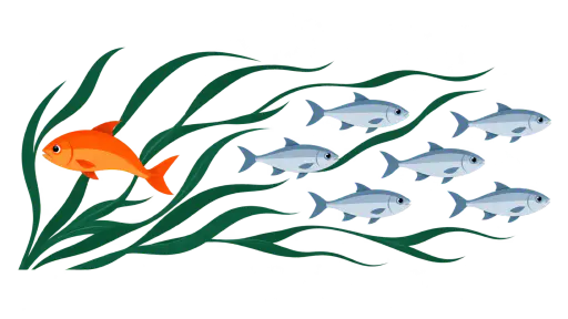 Illustration of swimming against the tide: a vivid orange fish swims left while seven silver fish and long eelgrass blades all stream right with the same current, the orange body arched in effort. Working in opposition to the prevailing direction.