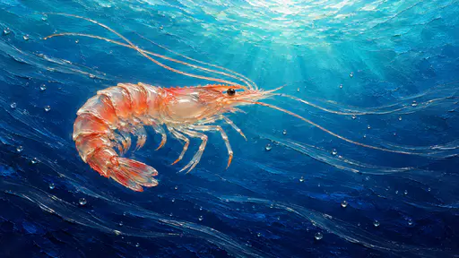 A shrimp swims mid-stroke with its tail curled beneath its body and antennae swept back in translucent acrylic gel ridges over blue paint.