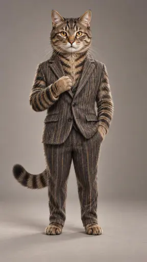 Purr-suit: A tabby cat stands upright, its striped fur continuing seamlessly into the panels, lapels and trousers of a charcoal pinstripe suit with no boundary between fur and cloth, one paw raised to its lapel, head and whiskers fully feline, in clean studio light.