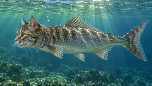 Catfish: a single aquatic animal with an unmistakable tabby cat head, upright pointed ears and pale whiskers, its striped shoulders flowing without seam into a silver-scaled fish body with a spined dorsal fin, paired fins and a broad forked tail, swimming in side profile just below a clear water…