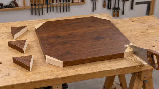 Cutting corners: a high three-quarter workshop photograph under bright task lighting, where a square wooden tabletop on trestles has had all four corners sawn off, three detached triangular corner pieces resting on the bench and a small handsaw halfway through the fourth corner.