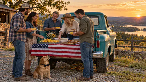 Tailgate gathering with a flag tablecloth and trays of corn and pie around a pickup. Thirteen stripes and a neat canton fire the crowd.