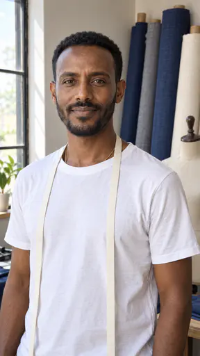 A tall lean man in his mid thirties with a neat short black beard and close-cropped hair, in a plain white shirt with a cream measuring tape around his neck, in a bright tailor's shop with bolts of cloth and a dress form.