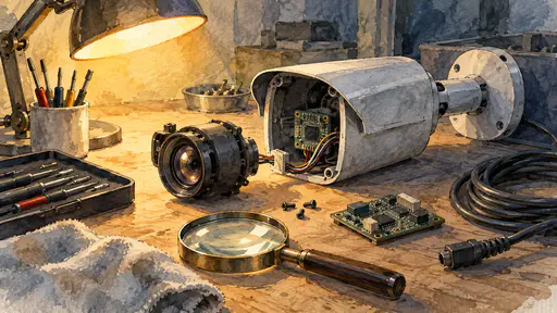 A security camera lies taken apart on a workbench beside its lens, a circuit board, screwdrivers, a magnifying glass and a lit desk lamp in washes and ink.