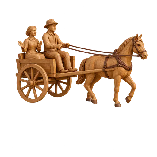 A driver sits upright at the front of a small cart holding both reins running unbroken to one horse's bridle while a second rider behind holds empty open hands, picturing 'taking the reins', assuming active direction or leadership.