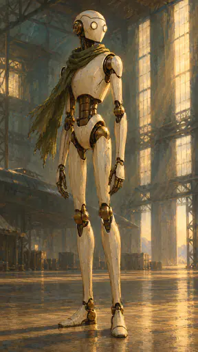A tall slender humanoid robot with a cream white shell, large round eye lenses and an olive scarf stands calmly in an empty hangar with shafts of light.