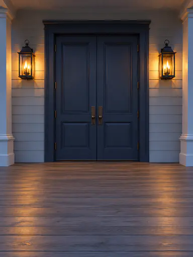 An empty family halloween photo background: a tall broad double door in a deep plum-blue painted surround at dusk, one warm lit lantern mounted at each side, and level porch floorboards running unbroken from the threshold to the bottom of the frame with the centre kept open for a standing group.