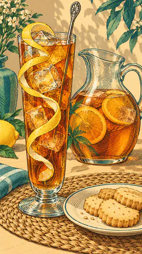 A tall glass of iced tea with ice cubes, a long spoon and a lemon peel spiral stands beside a jug of tea with floating orange slices and a plate of shortbread in a cartoon with curved hatch lines.