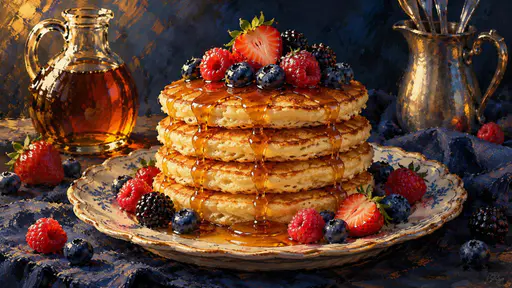 A tall stack of pancakes with maple syrup and mixed berries on a vintage plate.
