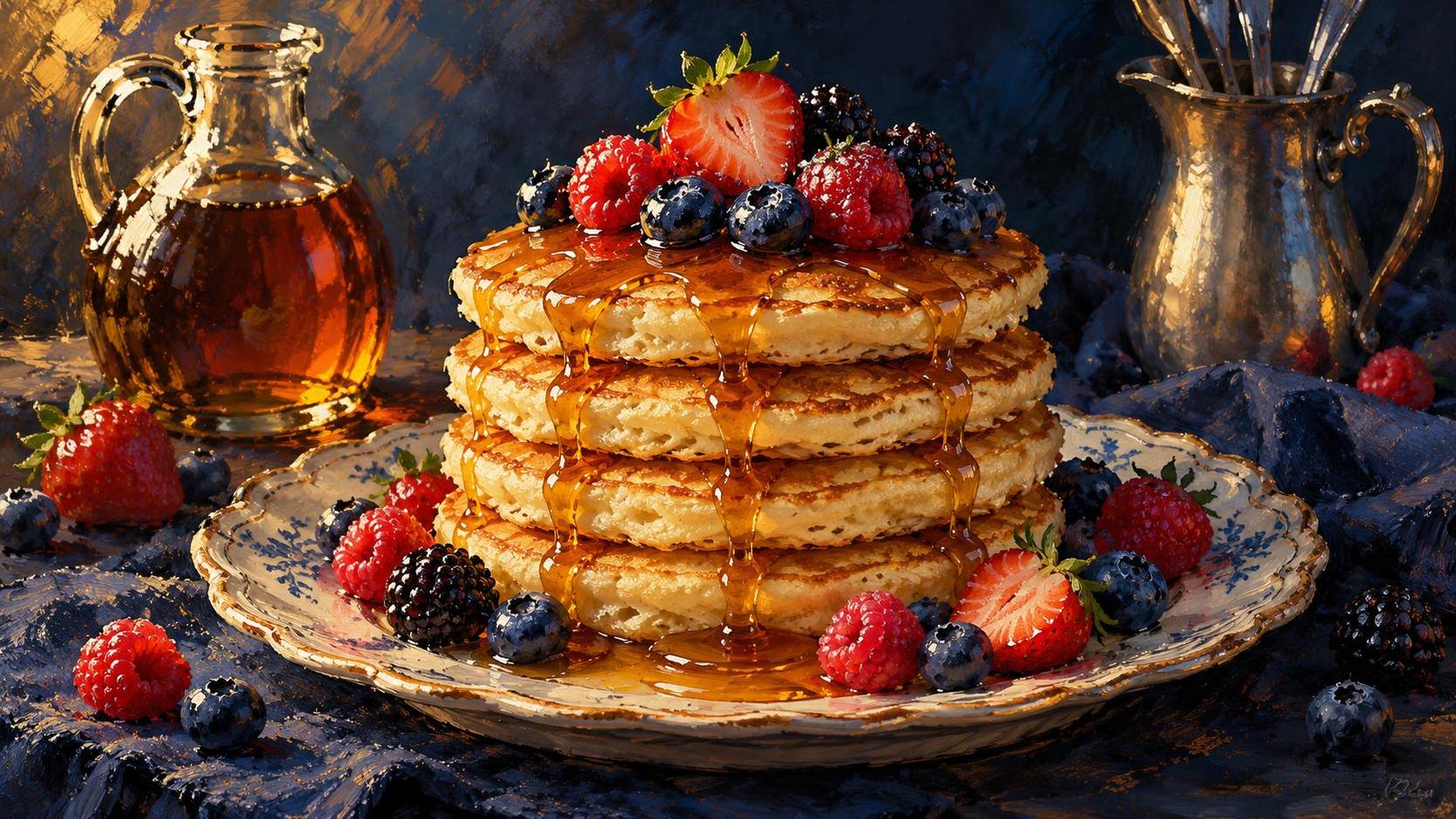 A tall stack of pancakes with maple syrup and mixed berries on a vintage plate.