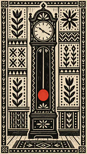 A tall case pendulum clock with a rounded top, a plain tick mark face and a long glass door shows a swinging pendulum with a red disc against a patterned wall in block print.
