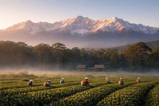Wide 3:2 landscape photograph of tea fields and small workers in the lower third with trees and huts midground and a sunlit snowy mountain range filling the upper half as wallpaper.