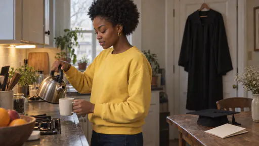 A young woman with a short rounded afro pours tea into a mug at a kitchen counter while a black graduation gown hangs from the back of the door behind her and a mortarboard sits on the table beside a folded blank programme in warm lamp light.