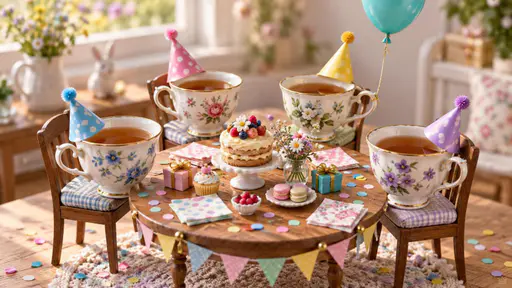 Tea party: Four porcelain teacups with paper party hats sit around a tiny festive table with a cake, presents, balloons, and bunting on a warm wooden table.