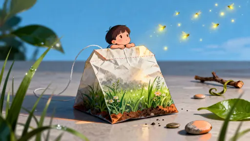 A split used teabag cradles a miniature sunlit meadow where a small child lies on the edge watching fireflies drift upward, with warm, soft evening light framing the scene in gentle tones.