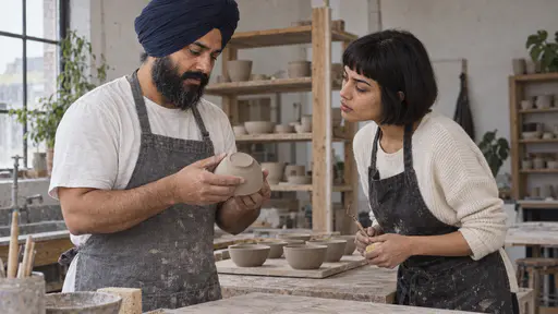 A broad bearded man in a navy turban holds a small unglazed bowl up in both hands to show a young woman with a short black bob the underside of its base at a long workbench while she leans forward holding a wire tool and a sponge with a row of unglazed bowls drying on a board behind them.