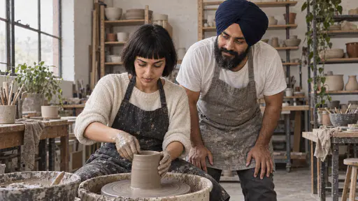 A young woman with a short black bob sits at a potter's wheel with her wet hands on a rising pot while a broad bearded man in a navy turban stands behind her slightly to the side with his hands resting on his thighs leaning in with a patient attentive look in warm afternoon light.