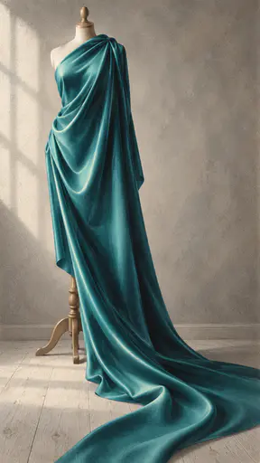 A length of plain deep teal silk drapes over a wooden dress form stand and falls in long soft folds to the floor in airbrush gradients.