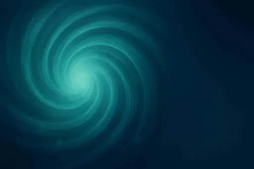 An abstract 3:2 composition of softly spiraling teal and deep-blue streams circling an off-center pale-teal glow, with glassy arcs, subtle bokeh orbs, and calm navy negative space.