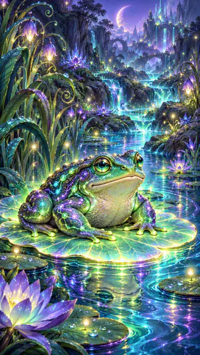 A technicolor cybernetic toad lounges on a glowing lily pad of light beside a neon creek with circuitry patterns glowing across its skin.