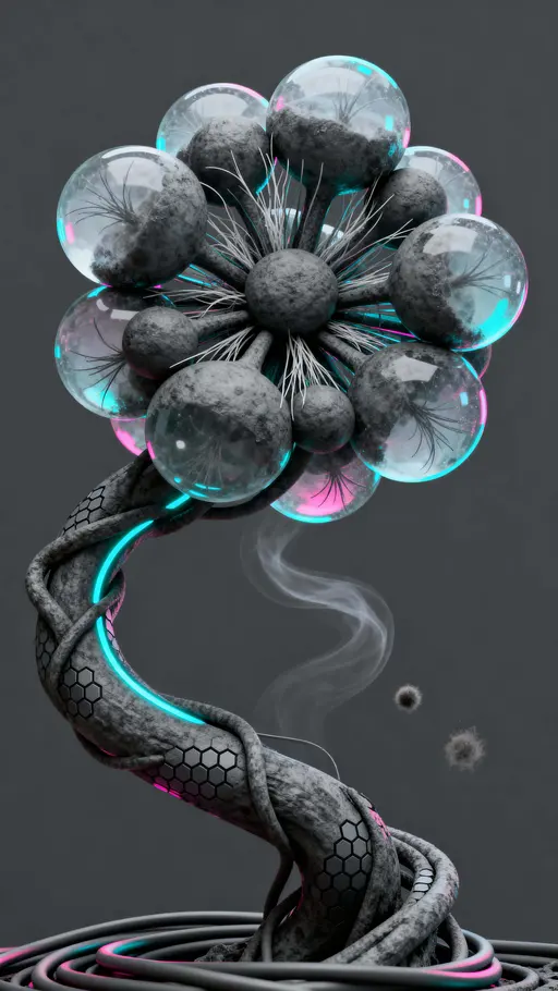 A techno-organic vine coils into a central bloom of frosted orbs and filament whiskers, bathed in cyan and magenta bioluminescence with neon-noir grading and a deep neutral field.