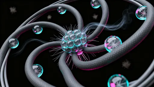 A matte-graphite techno-organic vine coils into a central bloom of frosted-glass node orbs and filament whiskers against a deep black field, cyan-magenta biolum.
