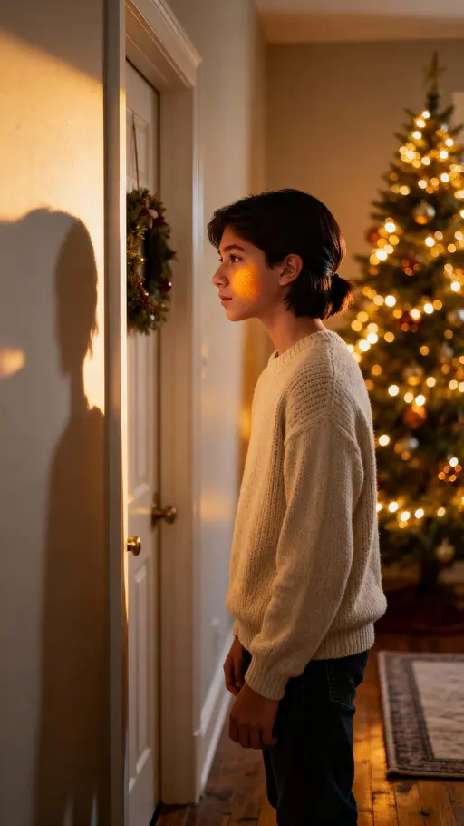 Vertical photographic scene of a 16-year-old by a front door, soft hallway light and a glowing Christmas tree creating a calm, expectant holiday mood.