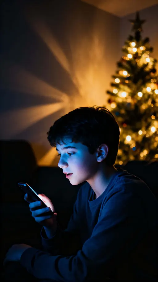 A teen records a voice message in a dark bedroom, cool phone glow lighting their face while a softly glowing Christmas tree casts warm golden highlights and deep shadows, framed vertically (9:16).
