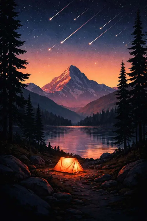 A stylized digital painting of a glowing tent beside a reflective lake beneath a central mountain and meteor-filled twilight sky, composed as a vertical 2:3 wallpaper scene.