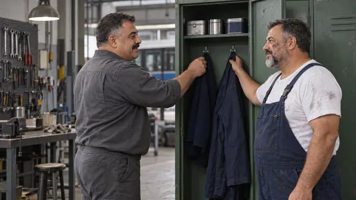 A stocky mechanic in dark blue overalls and a heavyset mechanic in a grey work shirt hang their jackets on adjacent hooks inside an open green steel locker with a row of lunch tins on the shelf above and a small shared smile in warm light.