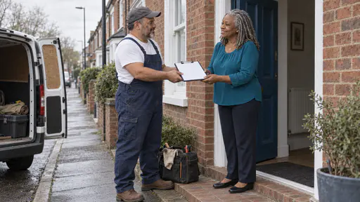 A stocky repair worker with a short grey beard in dark blue overalls and a cap hands a blank job slip on a clipboard with a pen to a full-figured woman with silver locs in a teal blouse who takes it with both hands and a grateful smile at the front door.