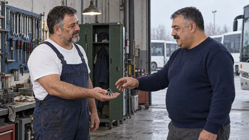 A stocky mechanic with a short grey beard in dark blue overalls holds out a ring of three plain keys on his open palm to a heavyset mechanic with a wide moustache in a navy sweater who reaches to take them at a garage door in cool early light.