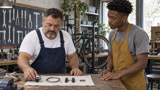 A stocky mechanic with a short grey beard in dark blue overalls lays out a neat row of a bell, brake cable, brake pads and a chain link on a clean cloth on a wooden bench while a tall young man in a mustard apron looks on.